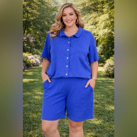 Belle by Kim Gravel Tops - Belle Two-Piece Blue Blouse & Shorts Set – Size 2X